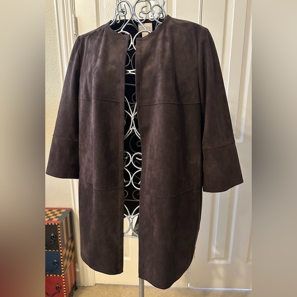 Chico’s Faux Suede Gold Zipper Detail Jacket Duster Dark Brown Size 1 - Picture 1 of 9